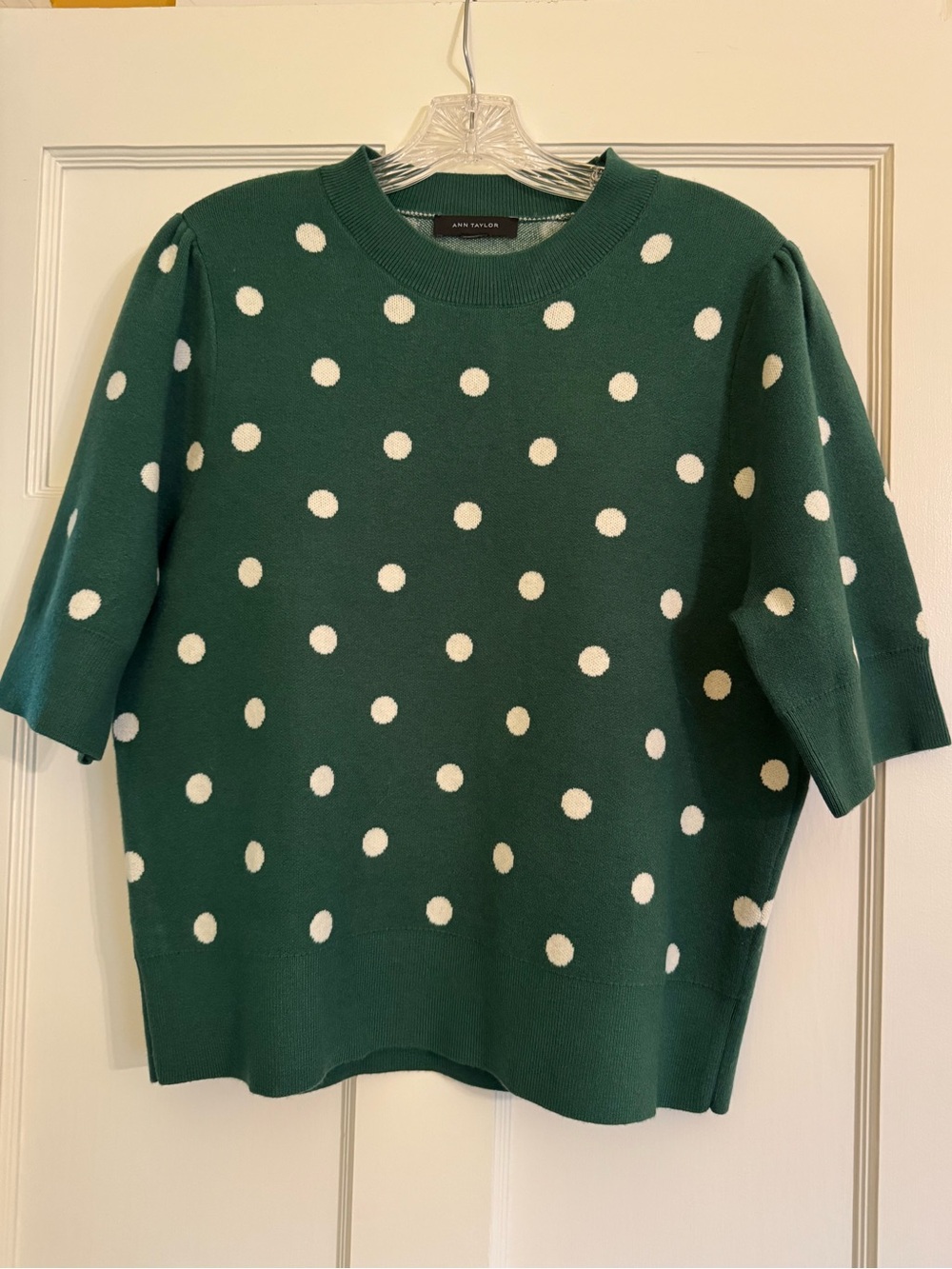 Ann Taylor - Green Polka Dot Puff Sleeve Sweater Top